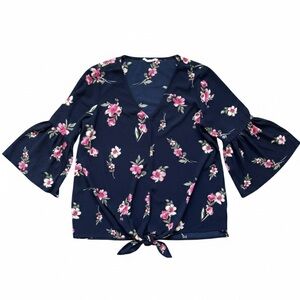 Pleione Navy Pink Floral Top Bell Sleeves Tie Boho V-Neck Size Small/Med